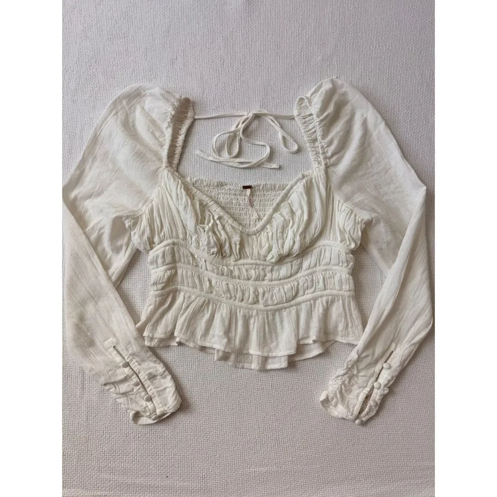 Free People Chloe Top S White Smocked Puff Sleeve Peplum Boho Cottagecore